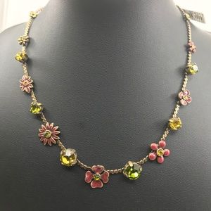 Bronzetone Yellow Crystal Red-Pink Flower Necklace